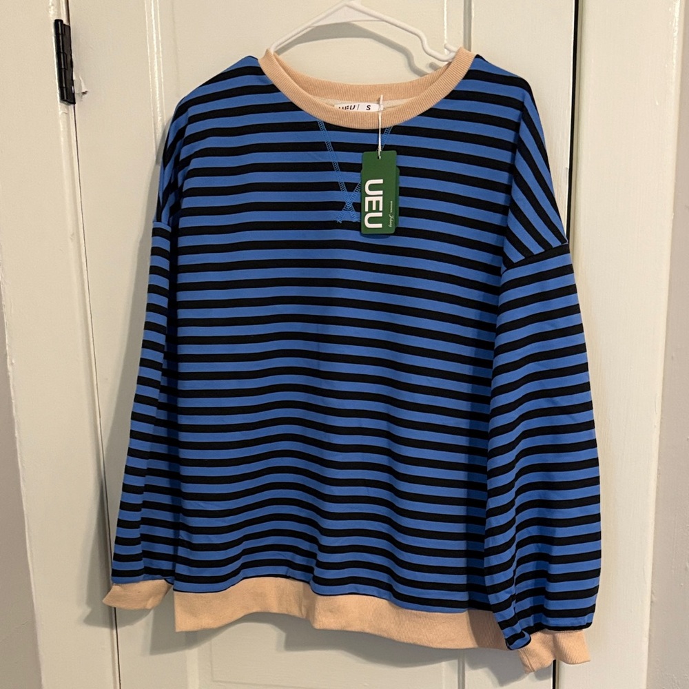 UE Blue and Black Striped Top with Beige Trim
